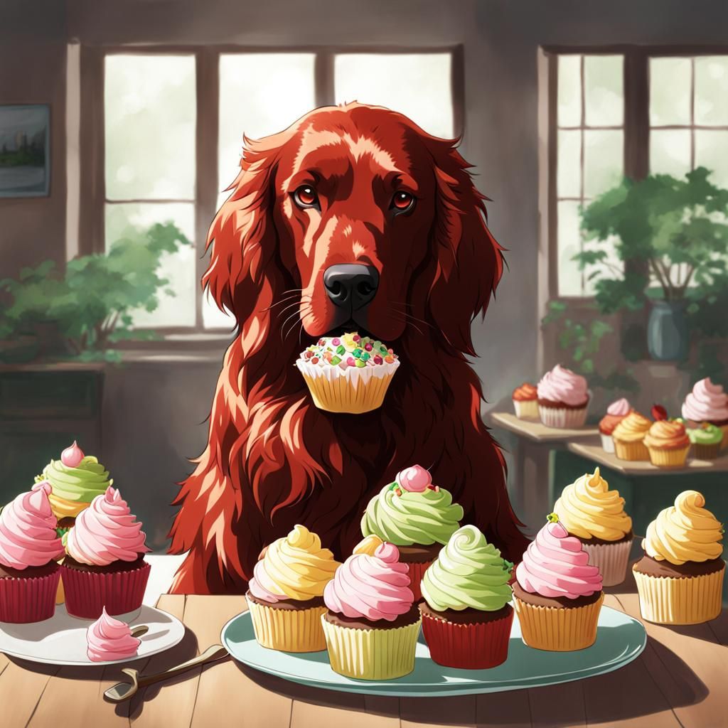 Irish Setter Eats Cupcake in Anime Style