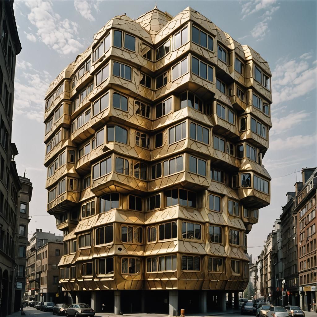 A downtown apartment building made out of gold
