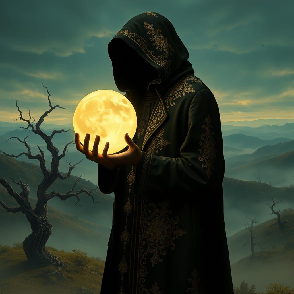 Ethereal Figure Holds Glowing Globe in Dreamlike Landscape