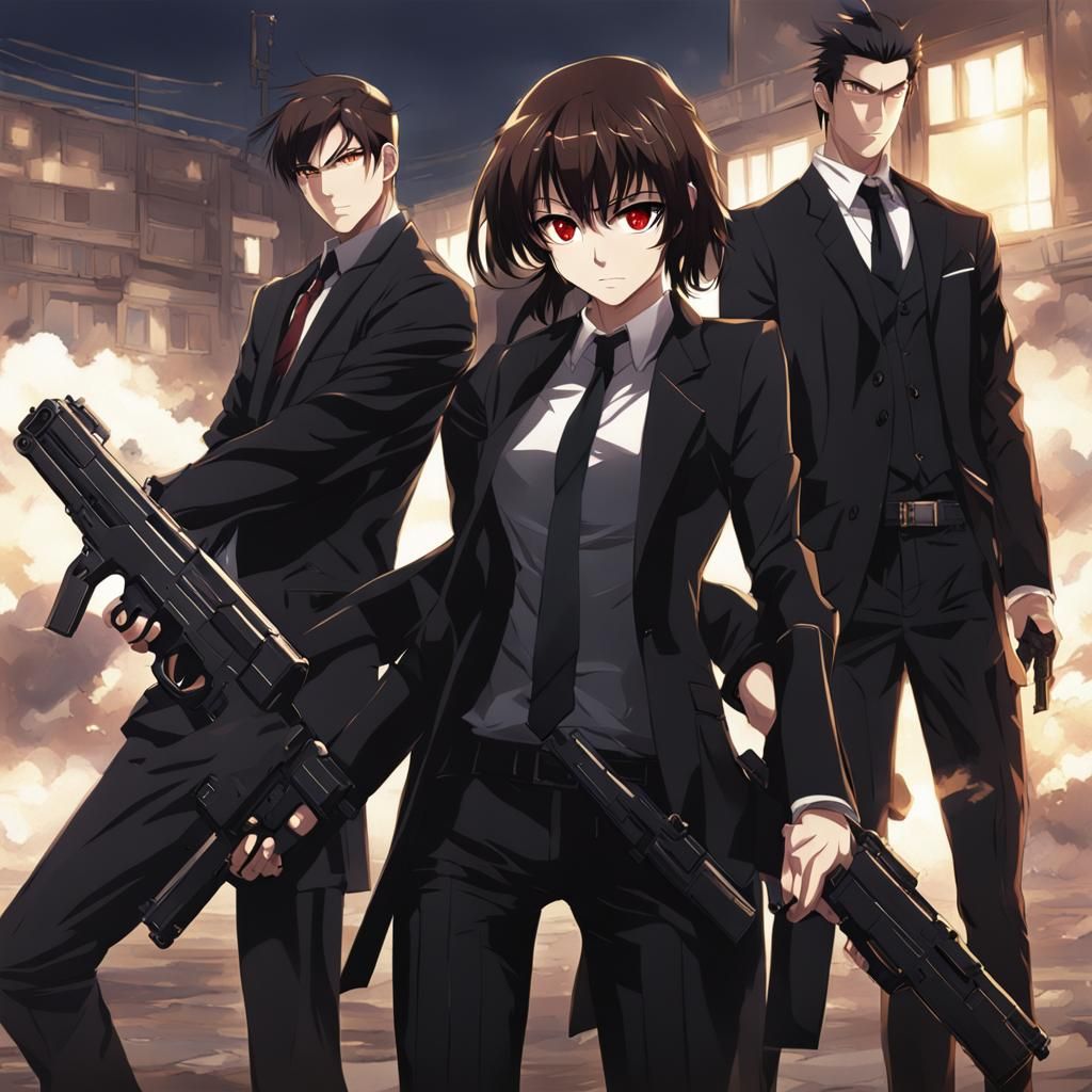 Anime Girl in Black Suit with Gun