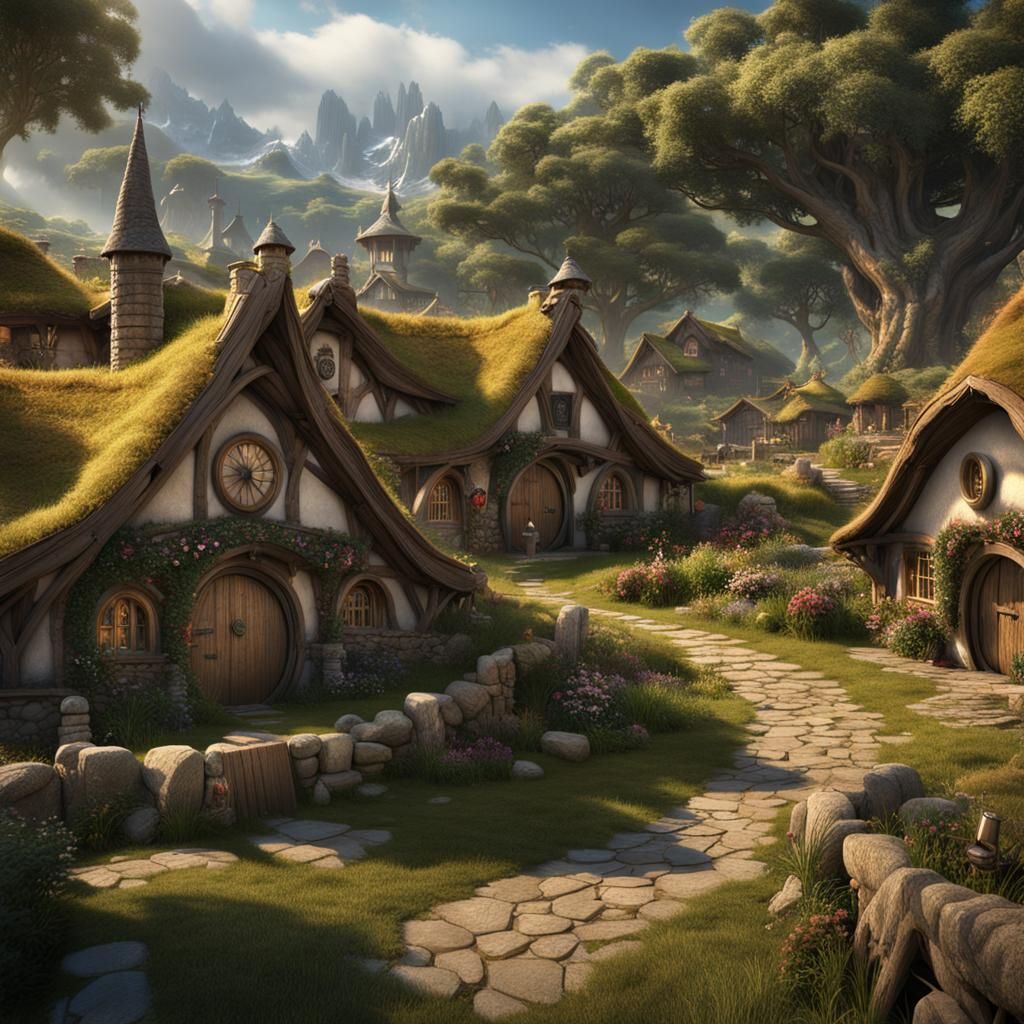 Detailed Hobbit Village Matte Painting in 8K