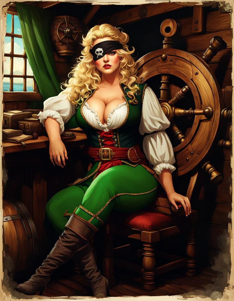 Anime-Style Pirate Queen with Eyepatch in Ship Galley