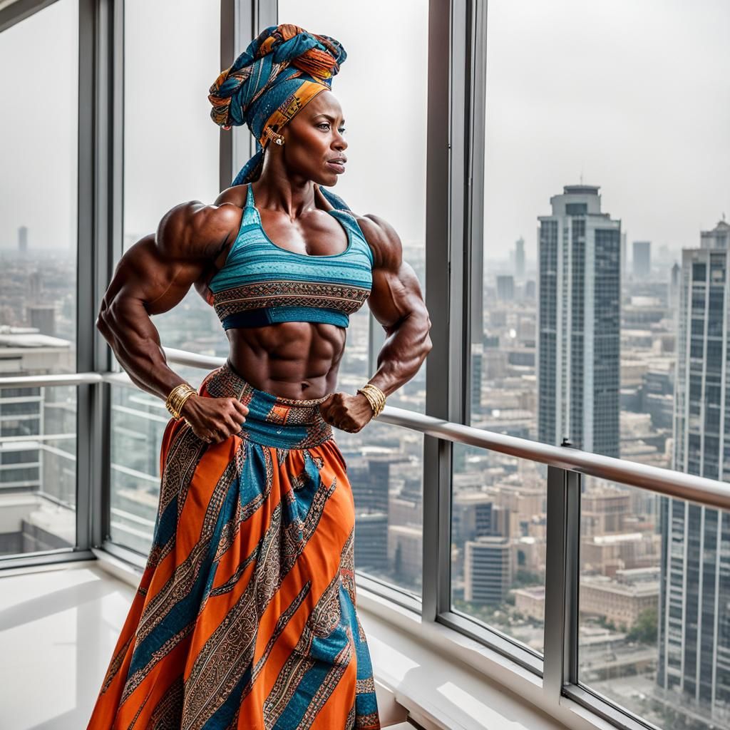 Strong Woman Flexing Biceps in African Dress