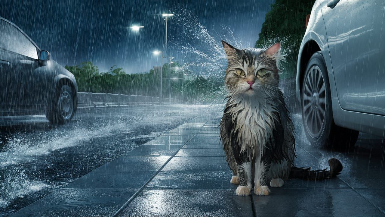 Startled Cat in Rainy Street Scene