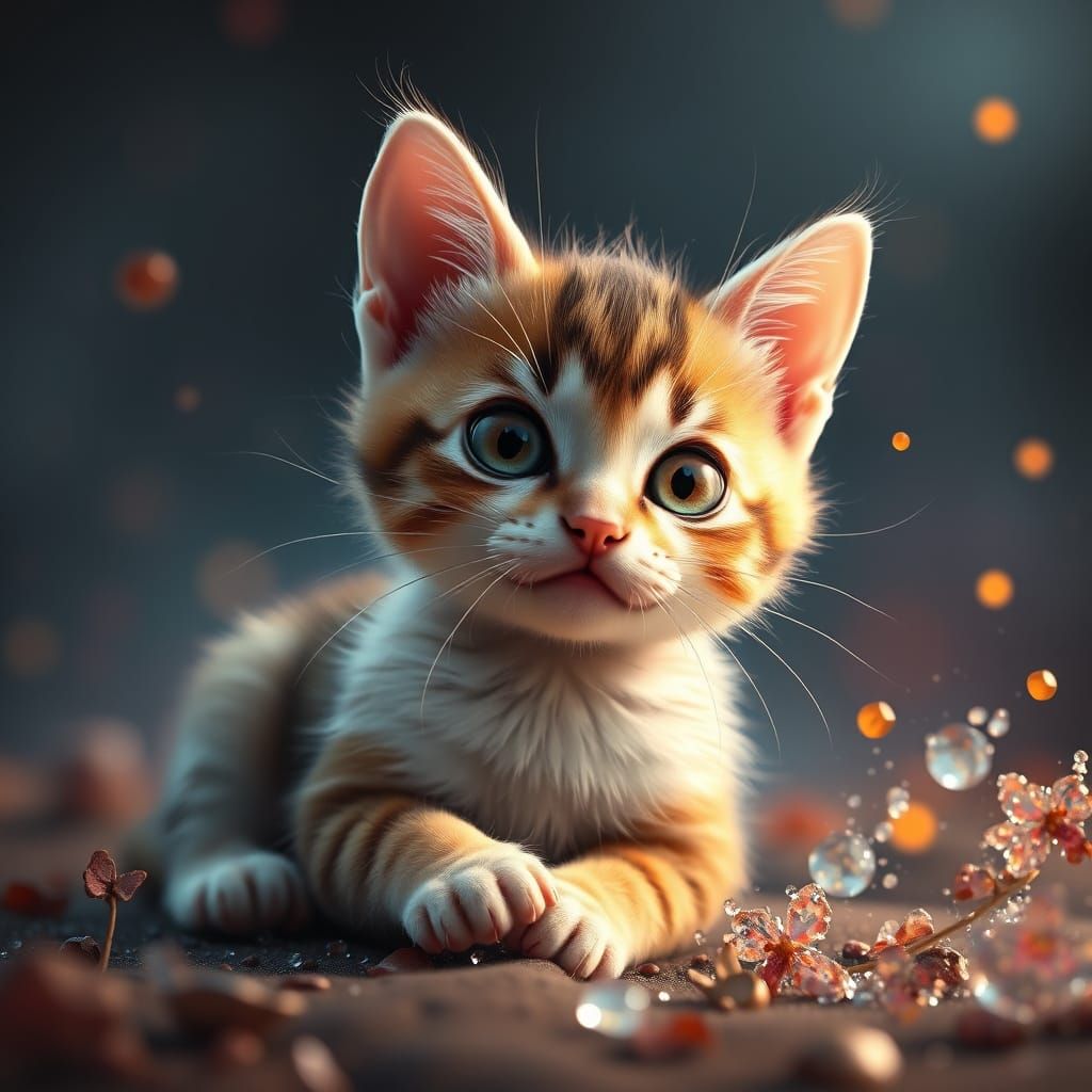 Cute Baby Cat in Whimsical Fantasy Landscape