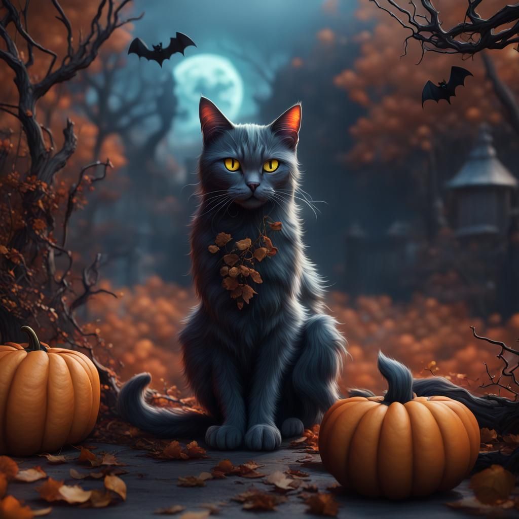 Halloween Cat in Detailed Matte Painting Style