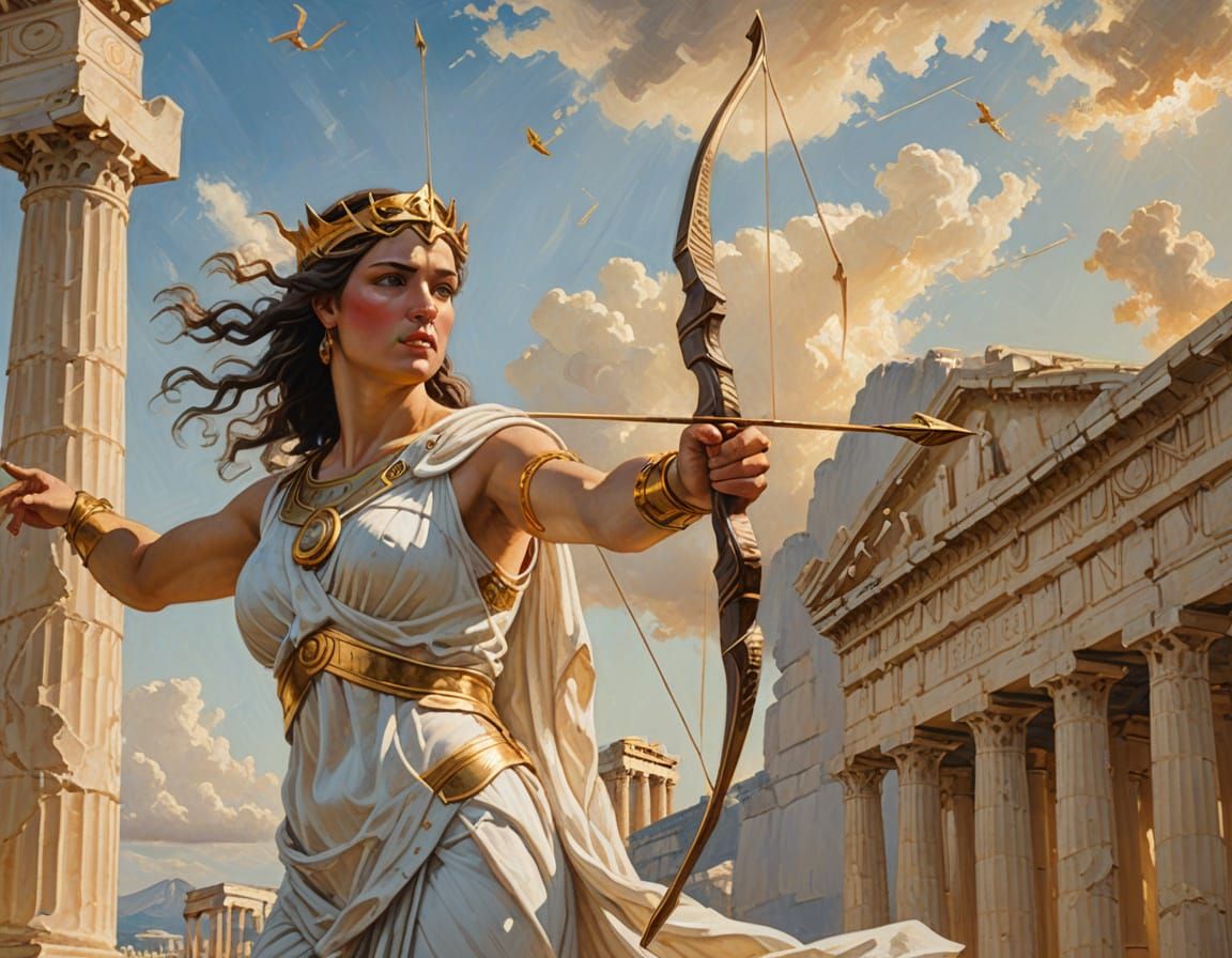 Goddess of Fate Shoots Arrow at Parthenon Ruins