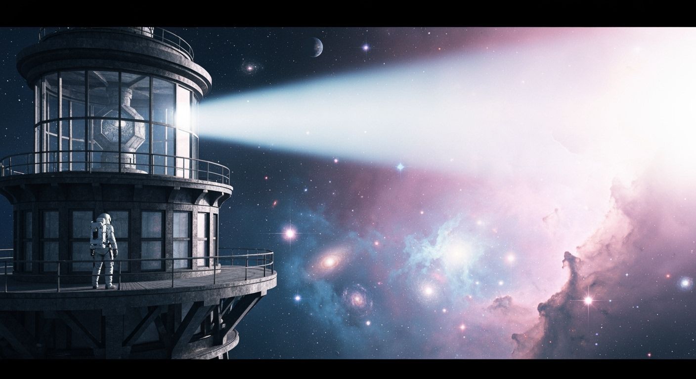 Sci-Fi Lighthouse on Asteroid in Cosmic Landscape