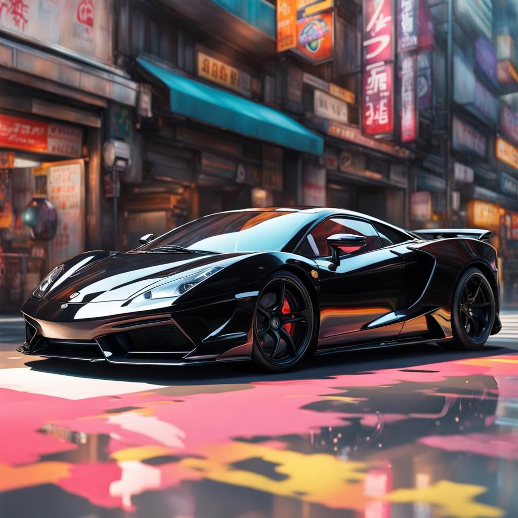 Black Supercar in Japan: Hyperrealistic Splash Art