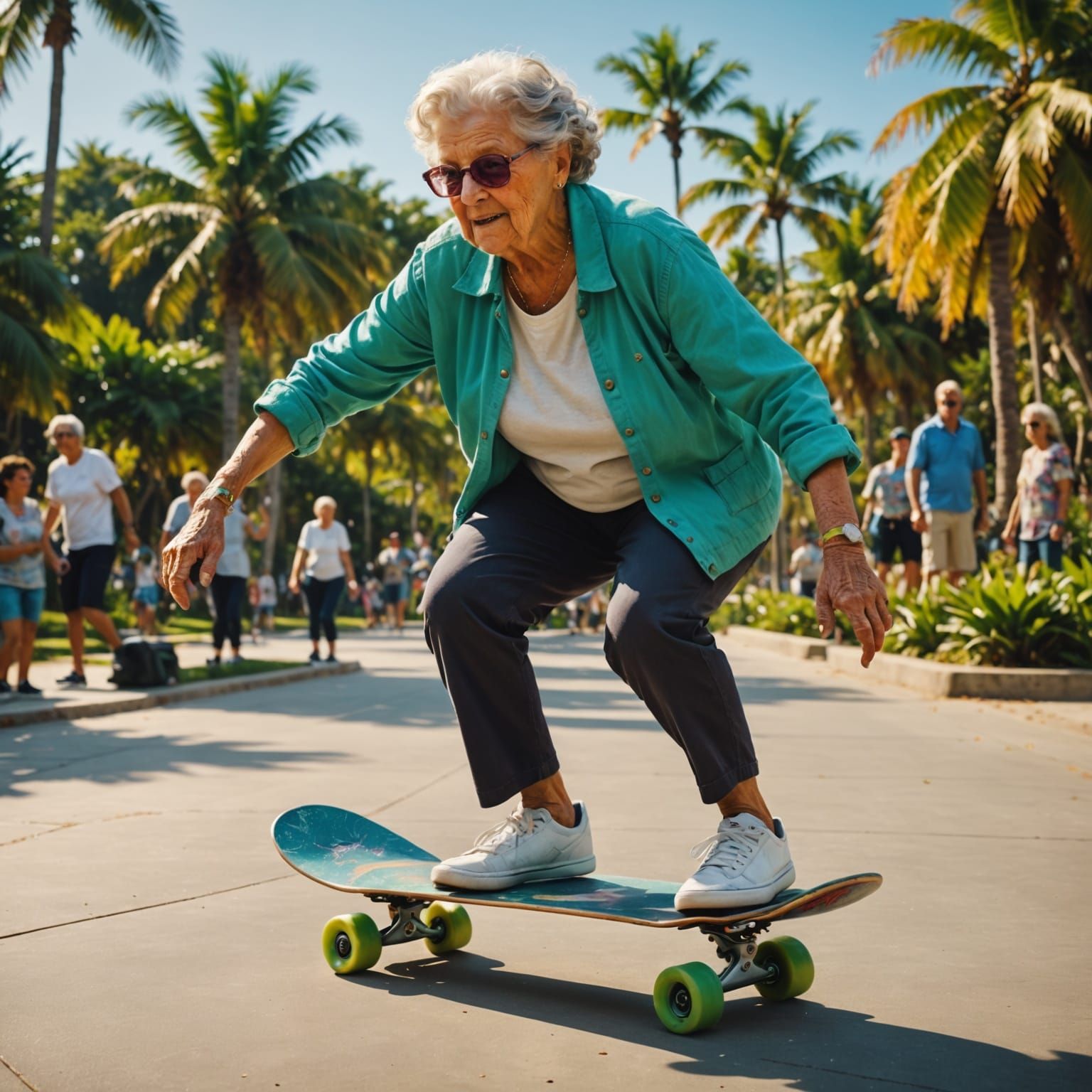 Grandma Skateboarding in Lush Beach Park: Hyperrealistic Art