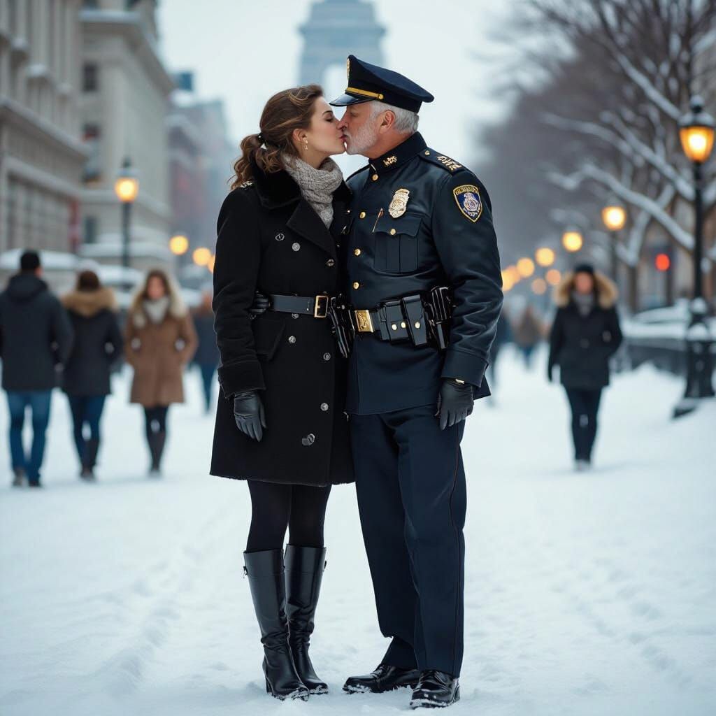 Elder Policeman Kisses Young Woman in Snowy 1980s City