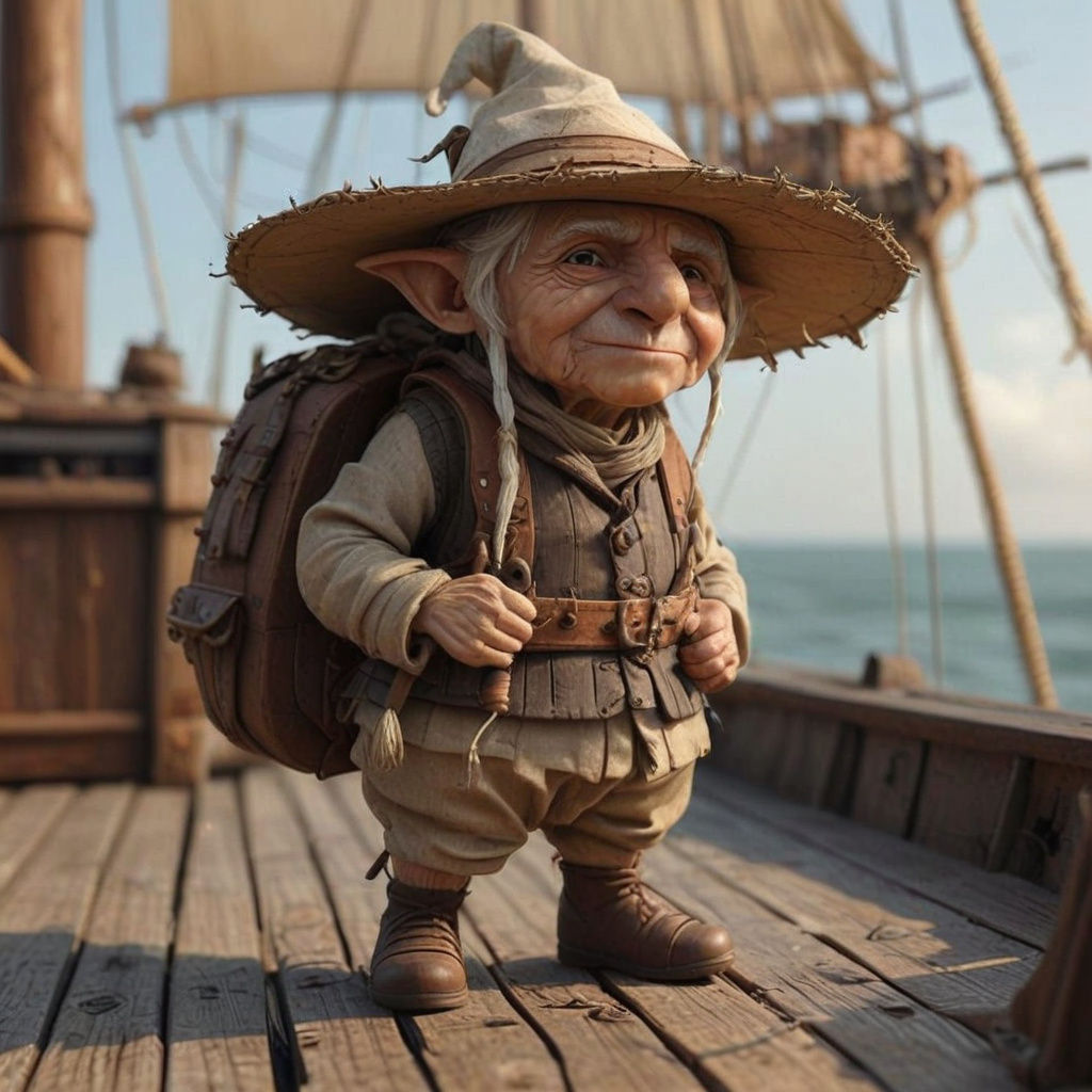 Elderly dwarf female with   a typically elderly, wrinkled and sunspotted face and hands. She has grey hair, held back in...