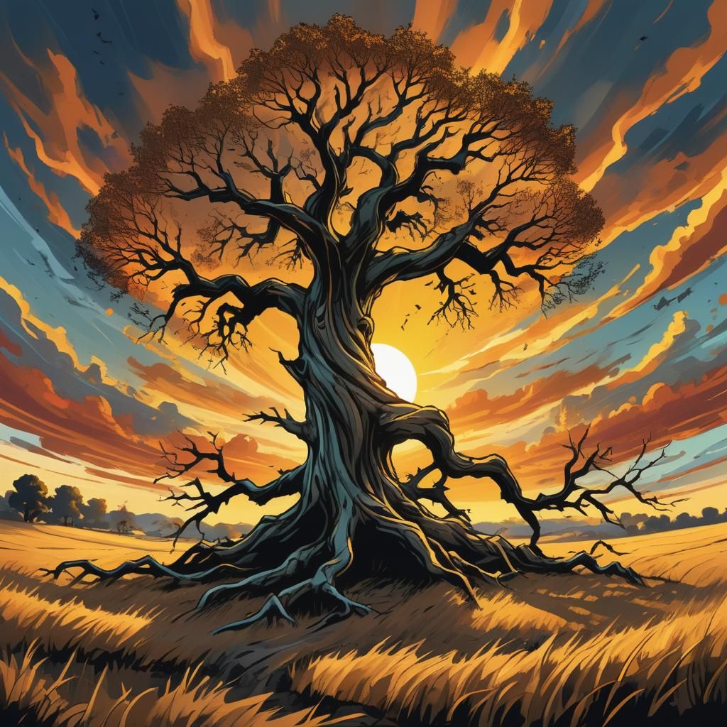 Ancient Tree in Field: Comic Book Style Art