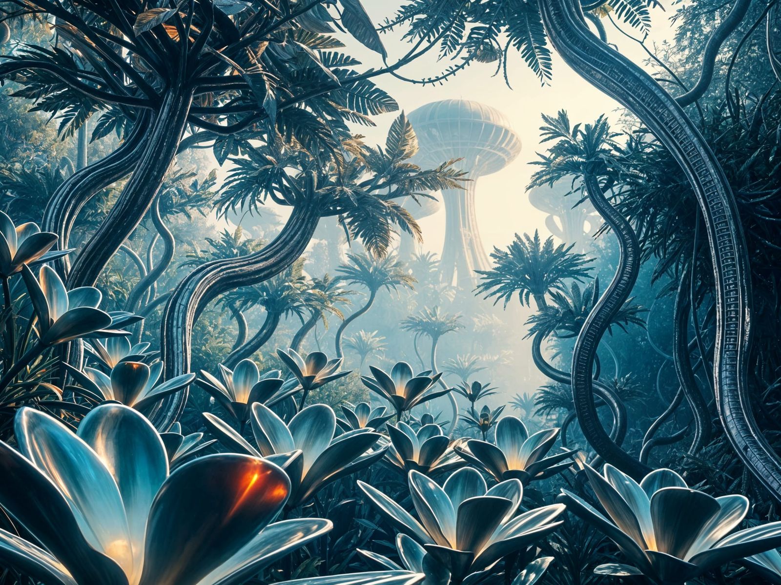 Surreal Chrome Jungle in Dreamlike Atmosphere