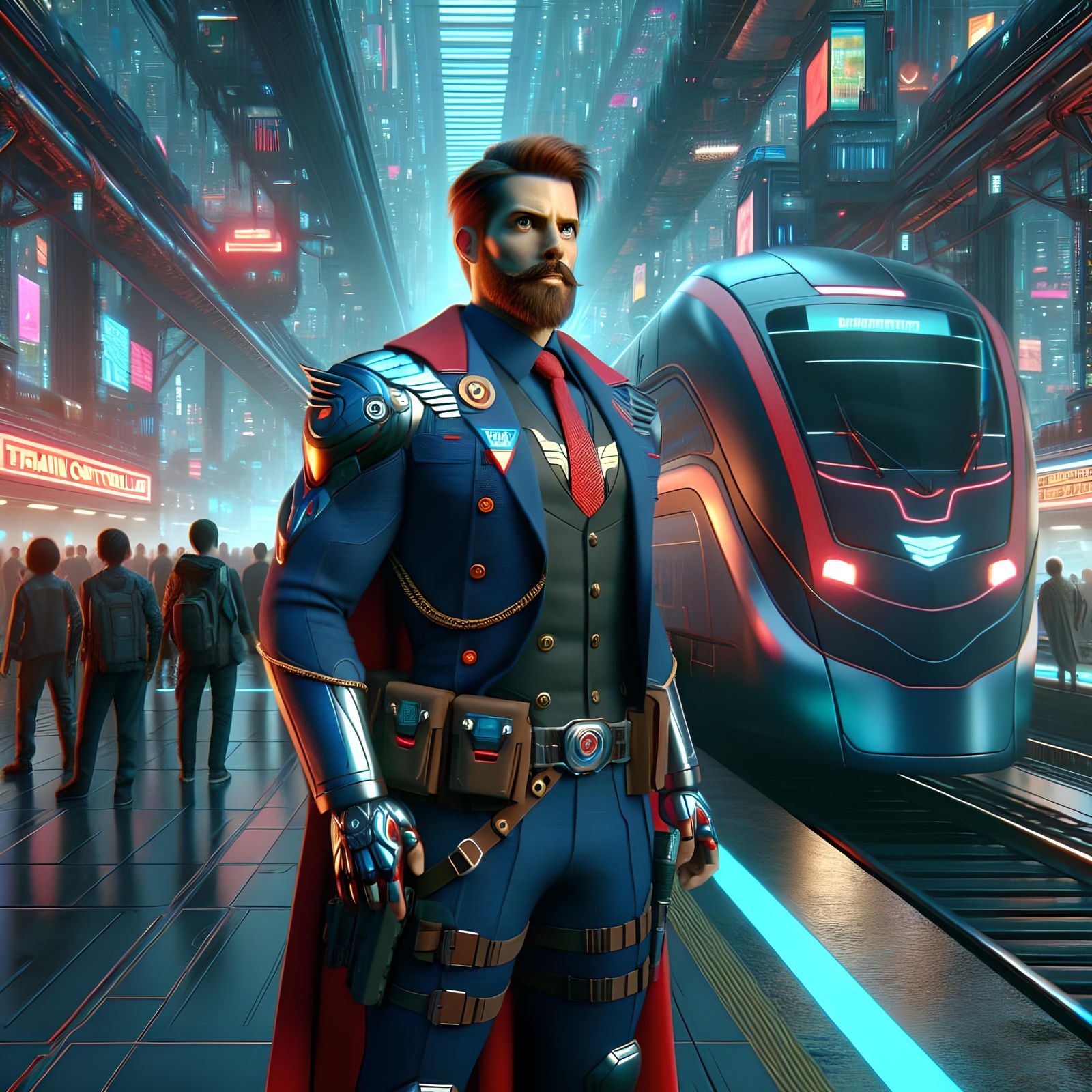 Cyberpunk Train Controller Superhero in Futuristic Station