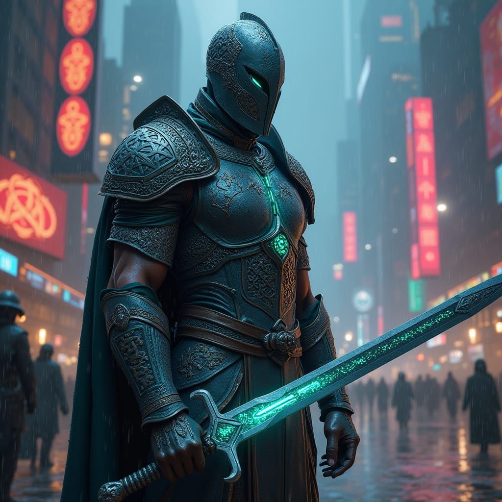 Celtic Warrior Guarding a Futuristic City in Digital Art