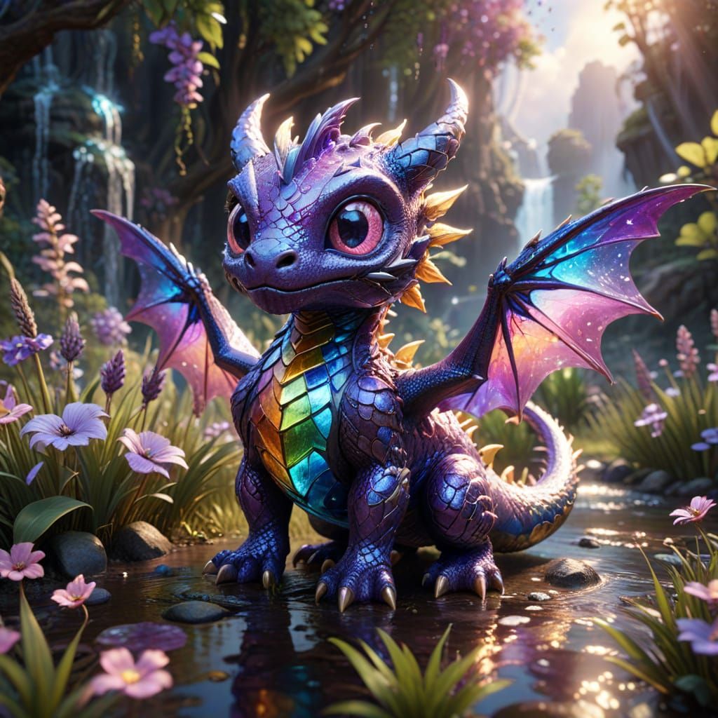 Vibrant 3D Chibi Purple Dragon with Fractal Effect