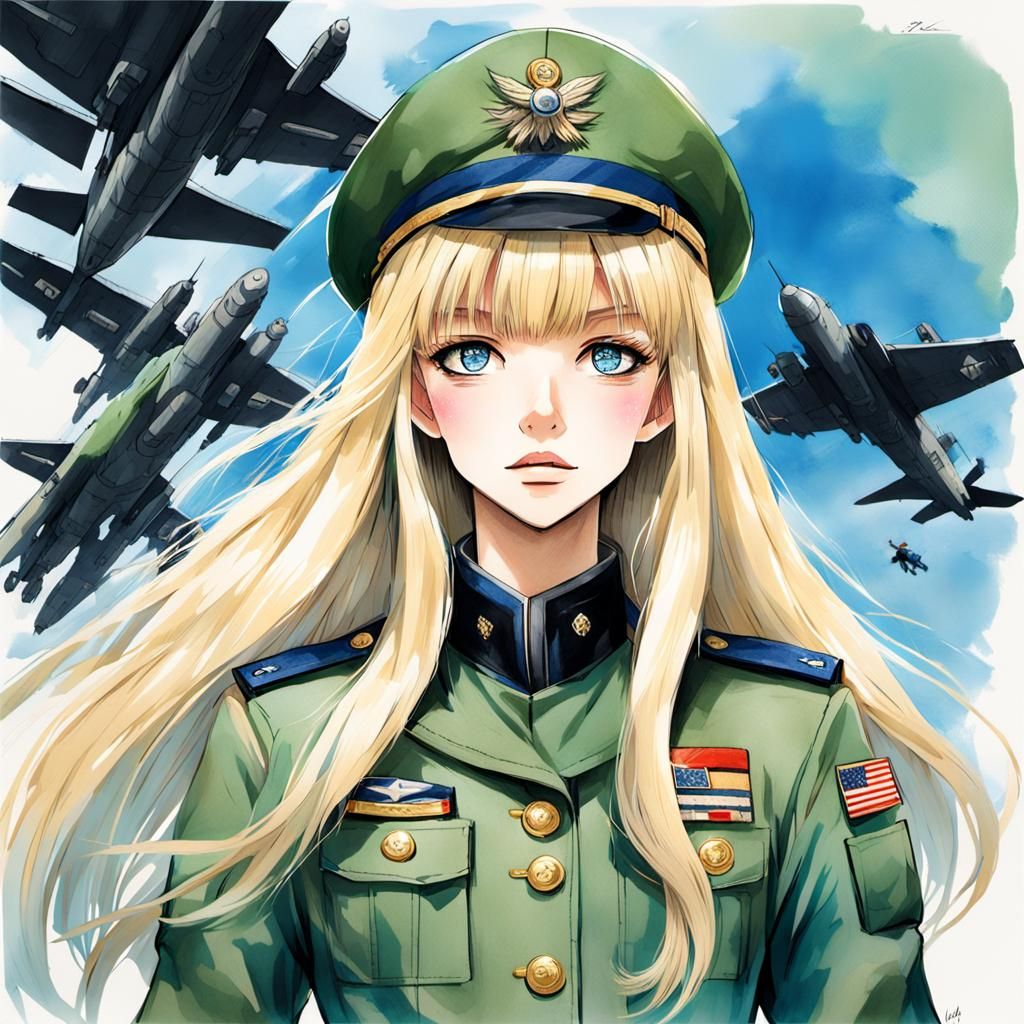 Futuristic Anime Fashion: Woman in Military Greens