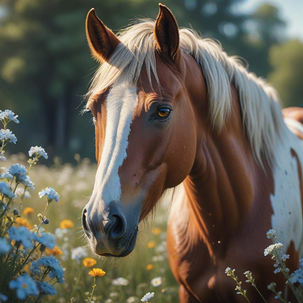 Horse Portrait in Field of Flowers: Realistic Photography
