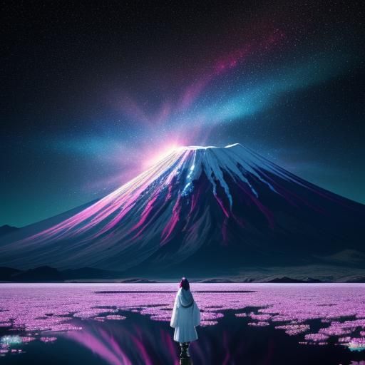 Psychedelic Astral Illustration: Japanese Girl and Mt. Fuji