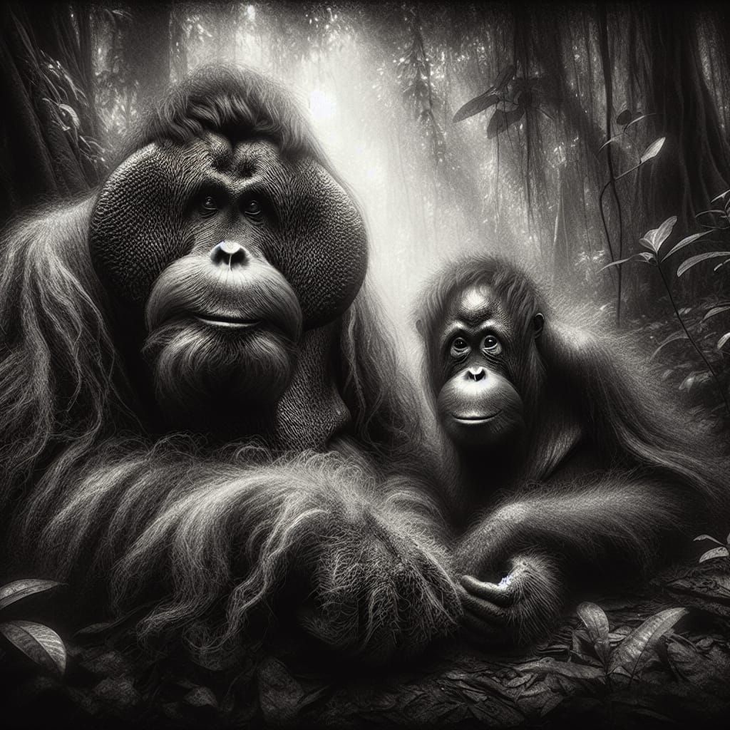 Orangutans in Jungle: Charcoal Sketch with High Contrast