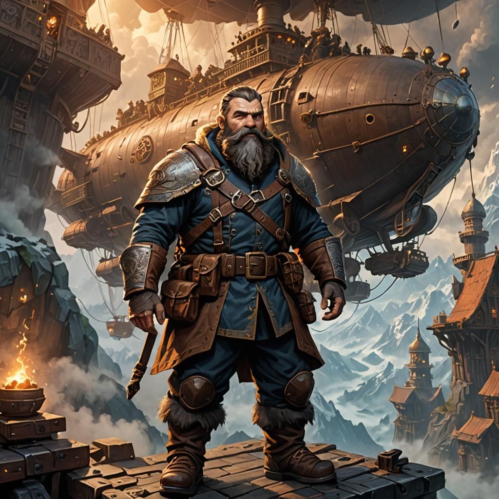 Dwarven Airship Captain Soaring Through Fog