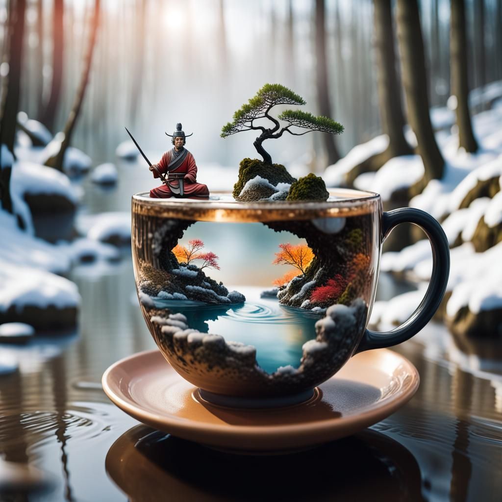 Zen Garden Teacup with Samurai, Hyperrealistic Splash Art