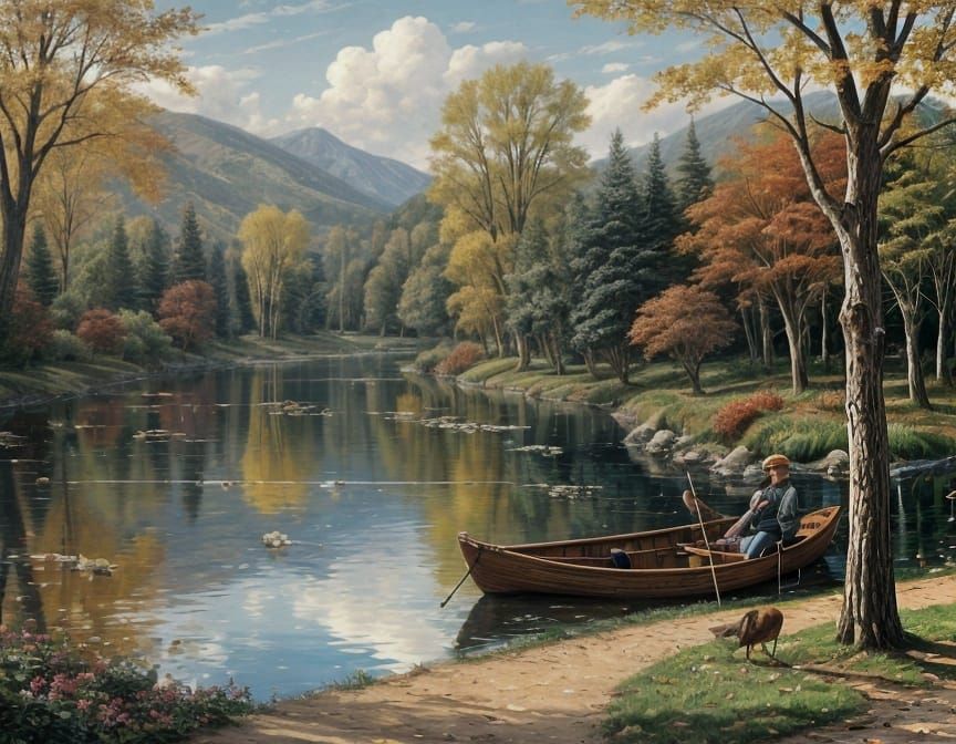 Autumn Fishing Scene in Cozy Park, 3D Render