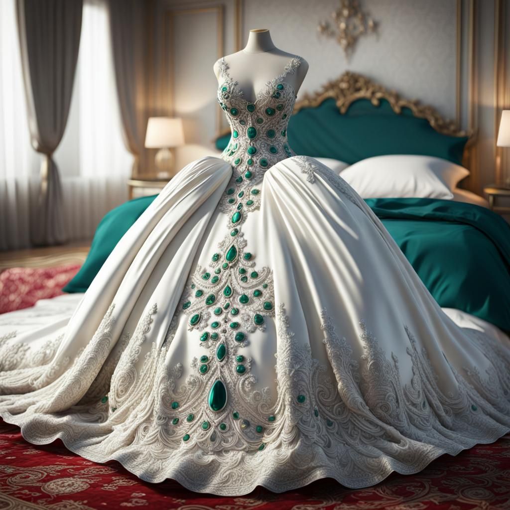 Emerald-Studded Lace Ball Gown in Modern Bedroom