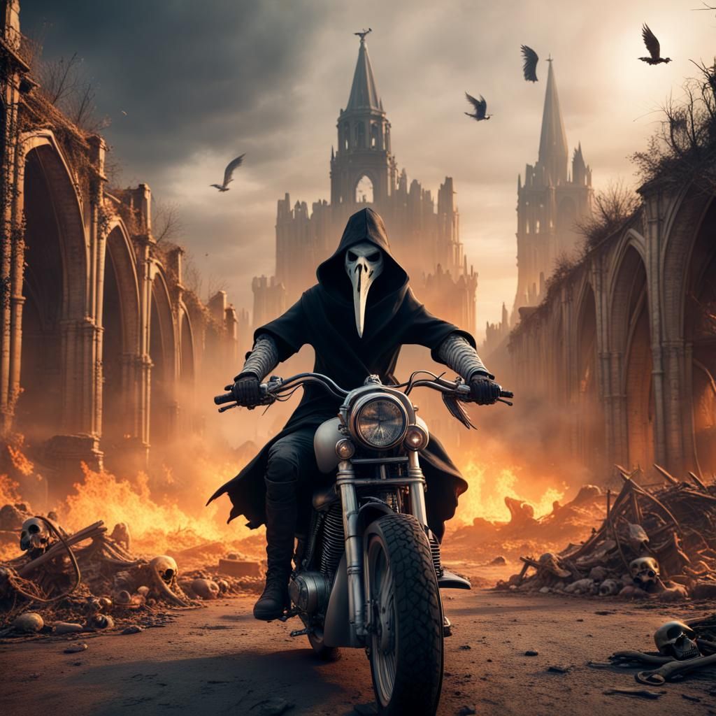 Plague Doctor Rides Through Wasteland Cathedral