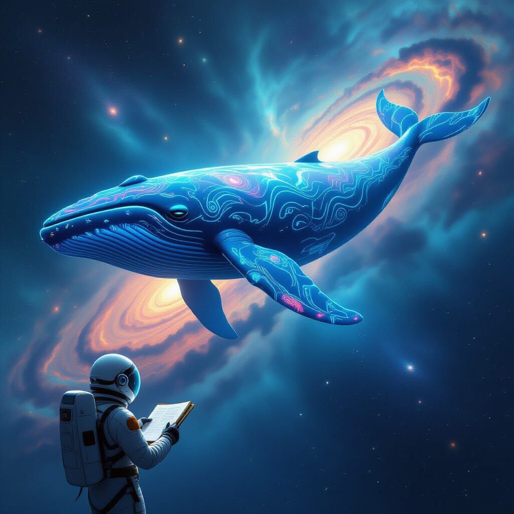 Bioluminescent Whale in Cosmic Nebula, Art Nouveau Style