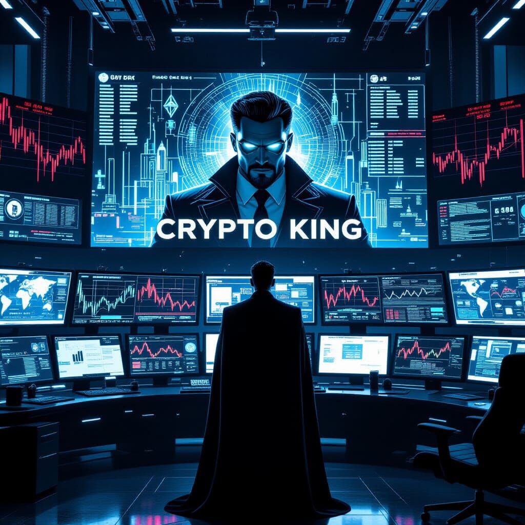 The Crypto King: Tech Mogul Supervillain in Cyberpunk Lair