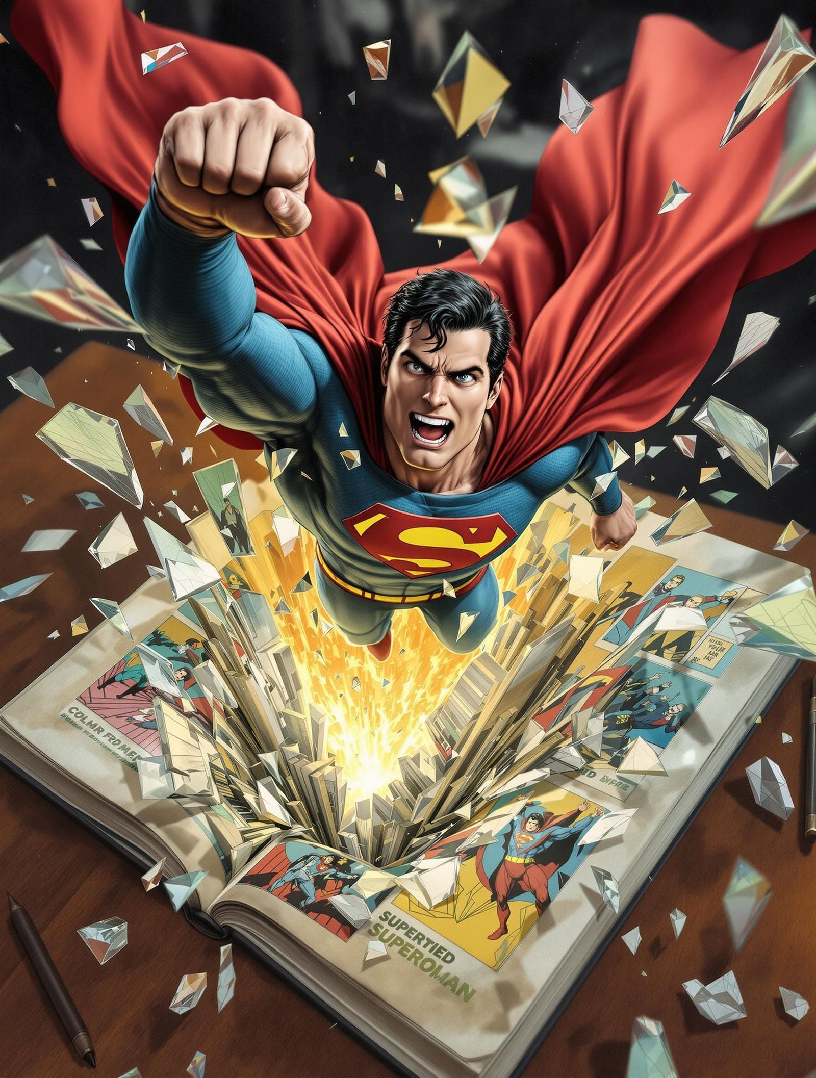 Surreal Comic Book Superman Emerges from Shattered Glass