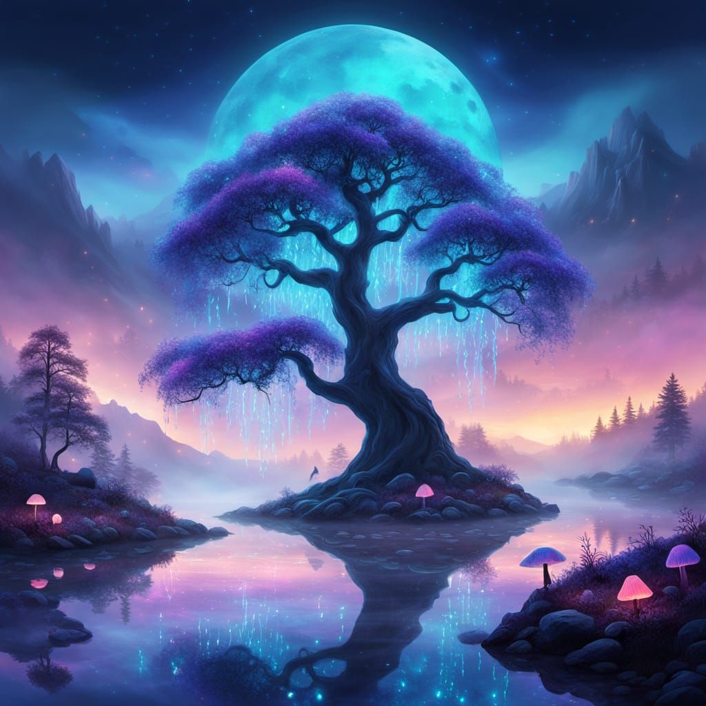 Ethereal Fantasy Landscape with Glowing Willow Tree and Neon...