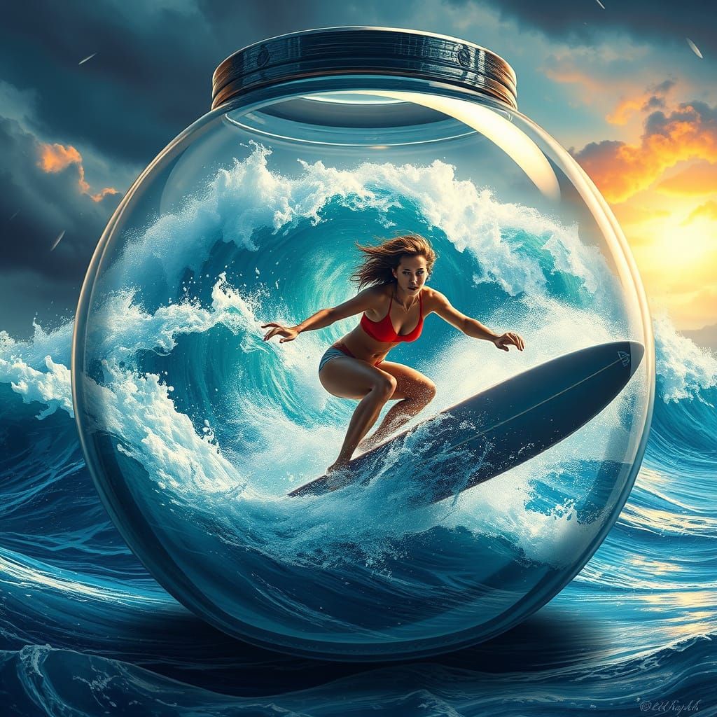 Surfer in Glass Container Amidst Stormy Seas