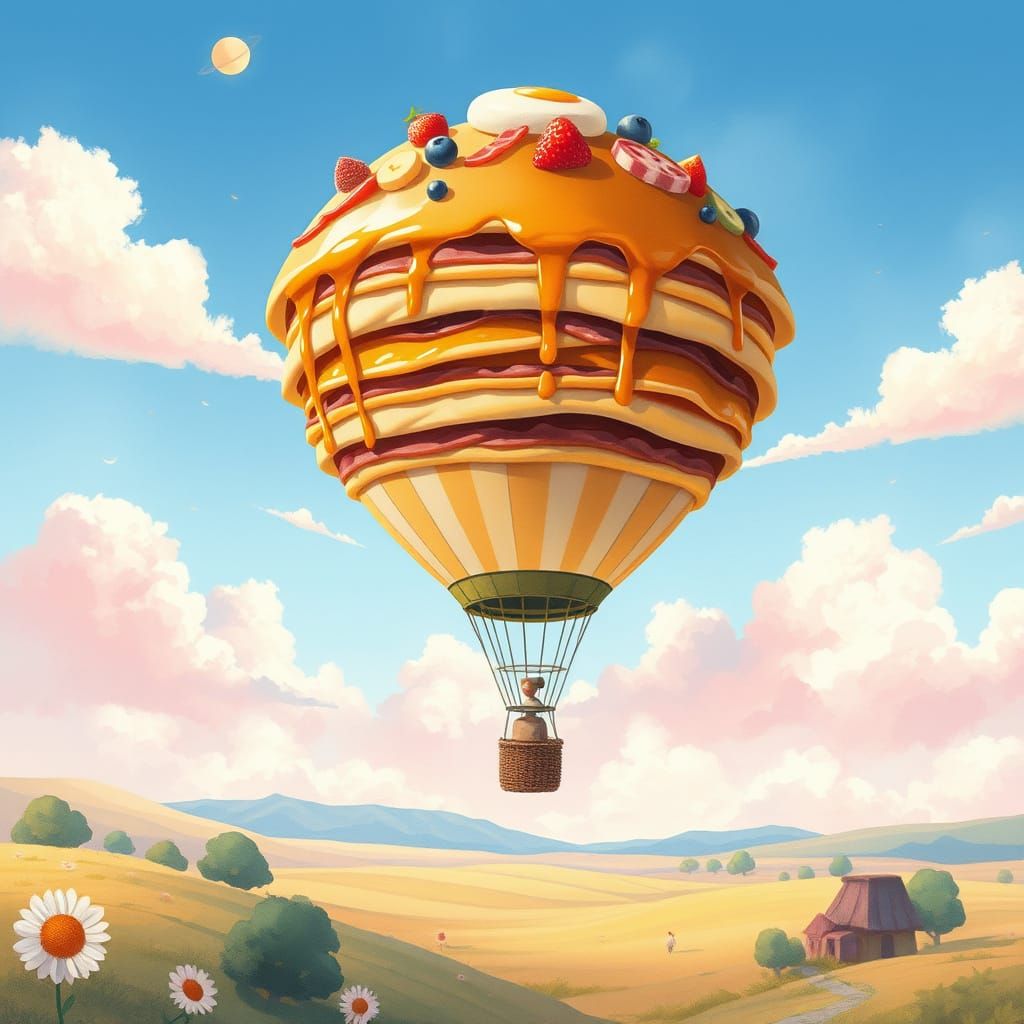 Pancake Balloon Soaring in a Watercolor Sky