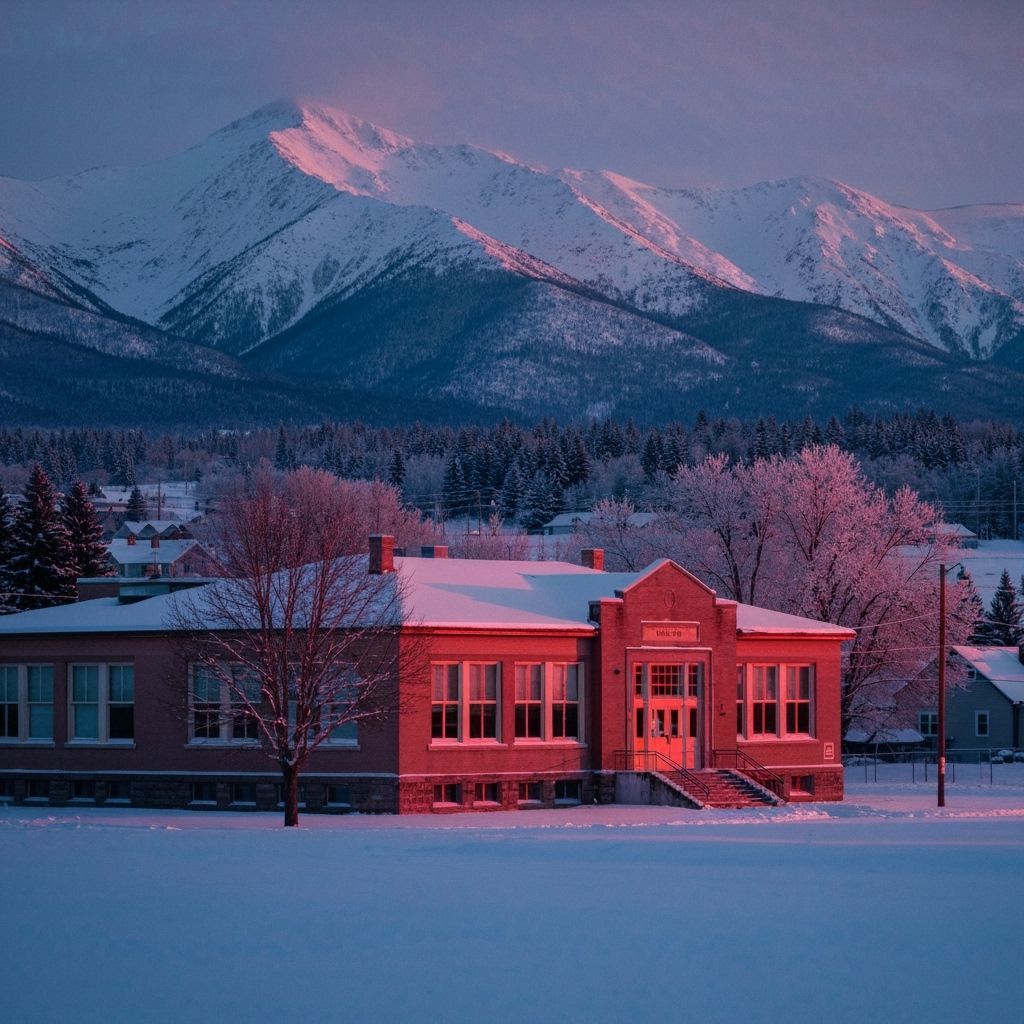 Vintage School in Red Light, Rothko-esque Winter Landscape