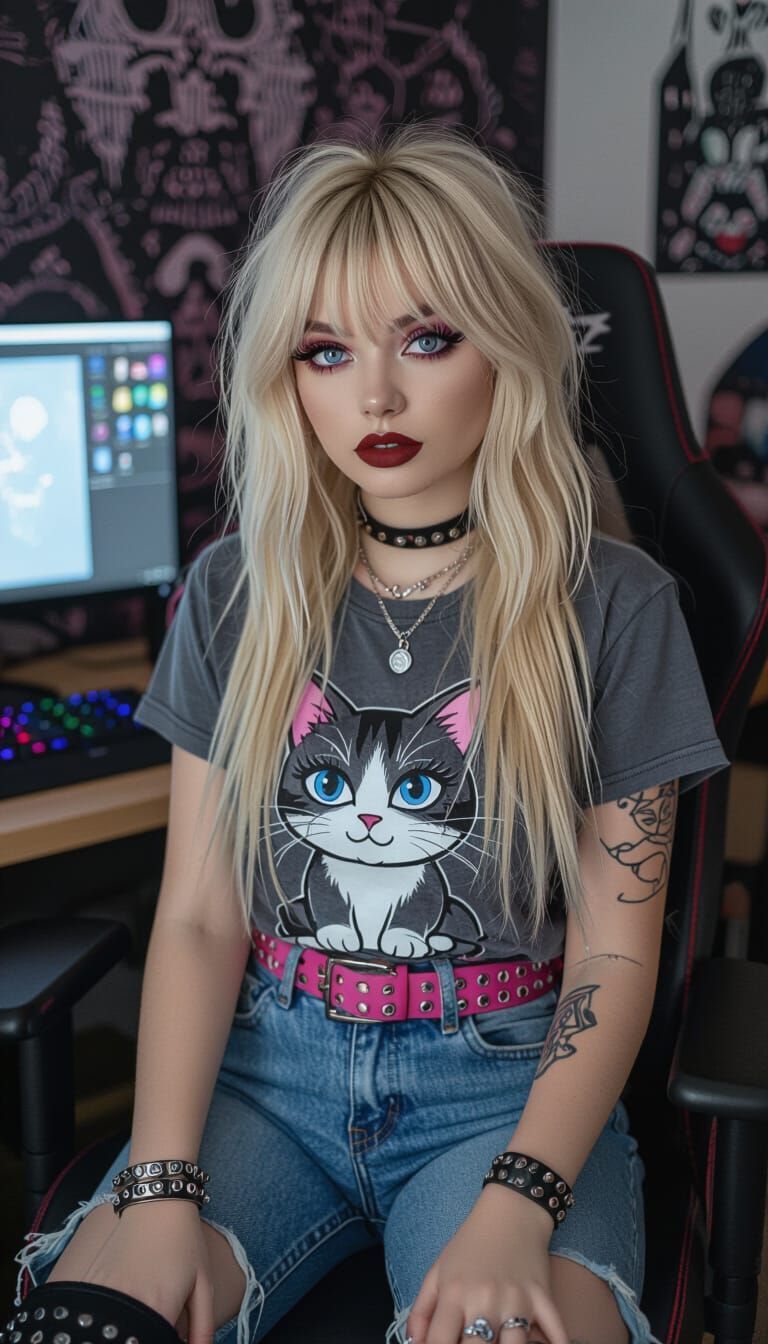 Gothic Emo Woman in Gamer Room, Photographic Realism
