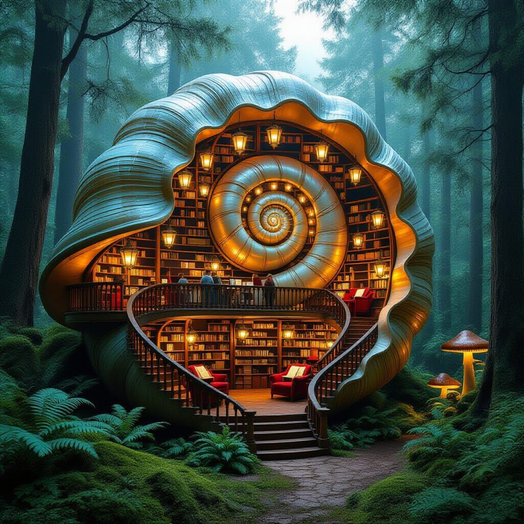 Enchanting Snail Shell Library in Magical Forest