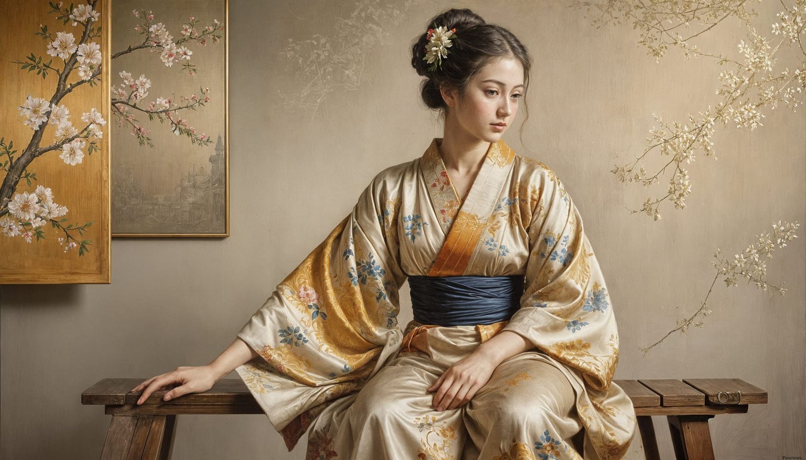 Elegant Woman in a Kimono, 19th Century Oil Painting in Styl...