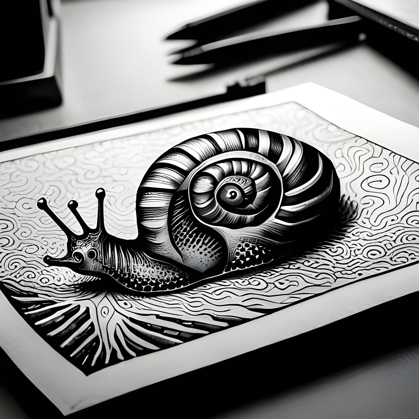 Junji Ito Snail with Spiral Shell in Charcoal Style