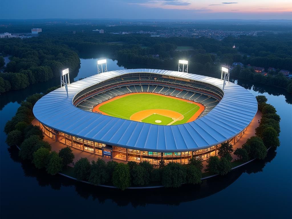 Modern Lakeside Baseball Stadium at Dusk