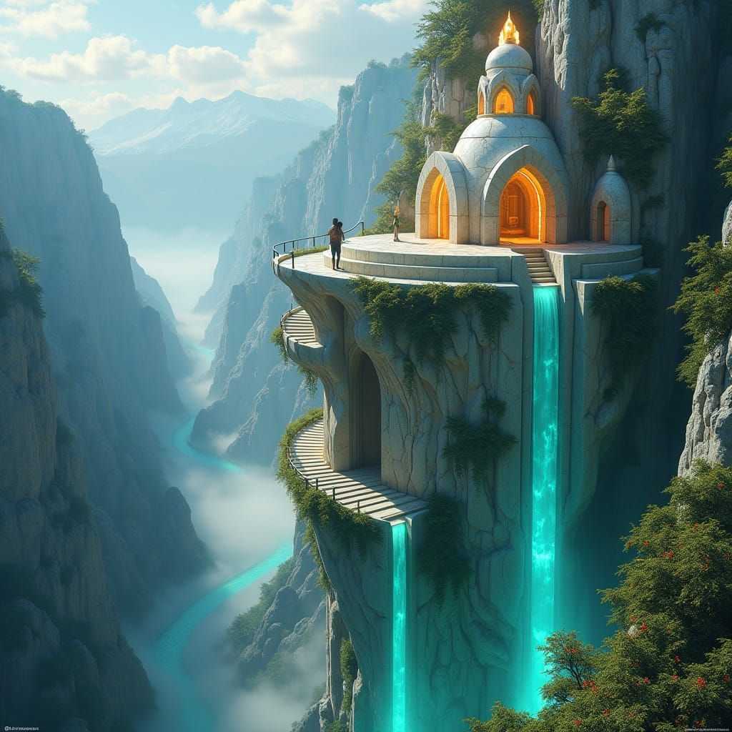 Majestic Marble Sanctuary atop Cliff, with Radiant Bell Towe...