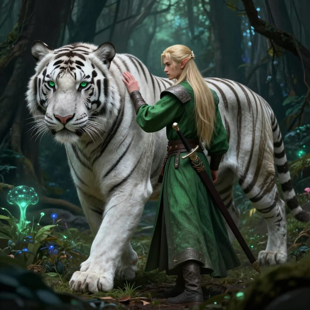 Elven Warrior and White Tiger in Mystical Forest