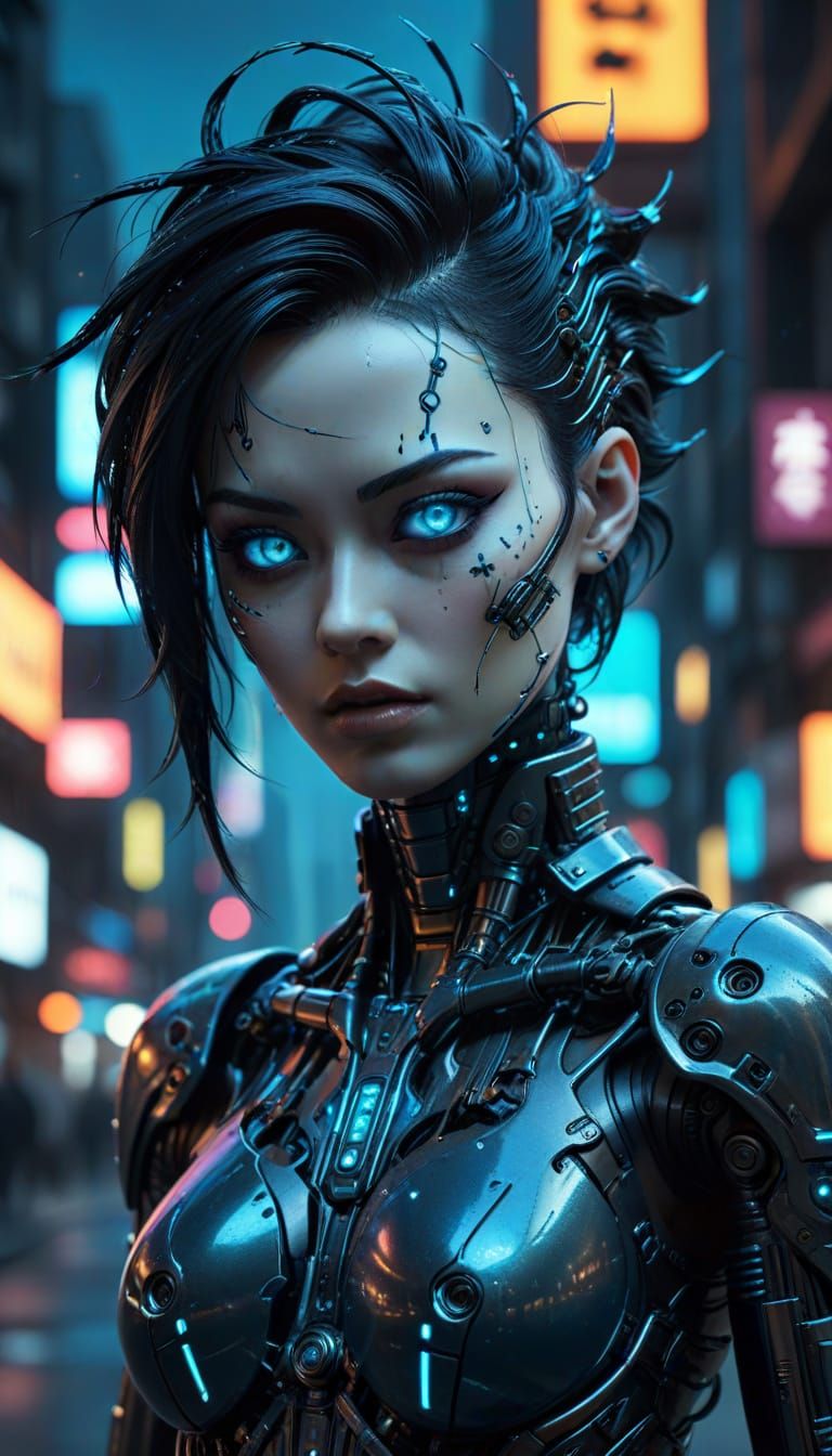 Cyberpunk Gynoid with Glowing Eyes in Neo-Tokyo