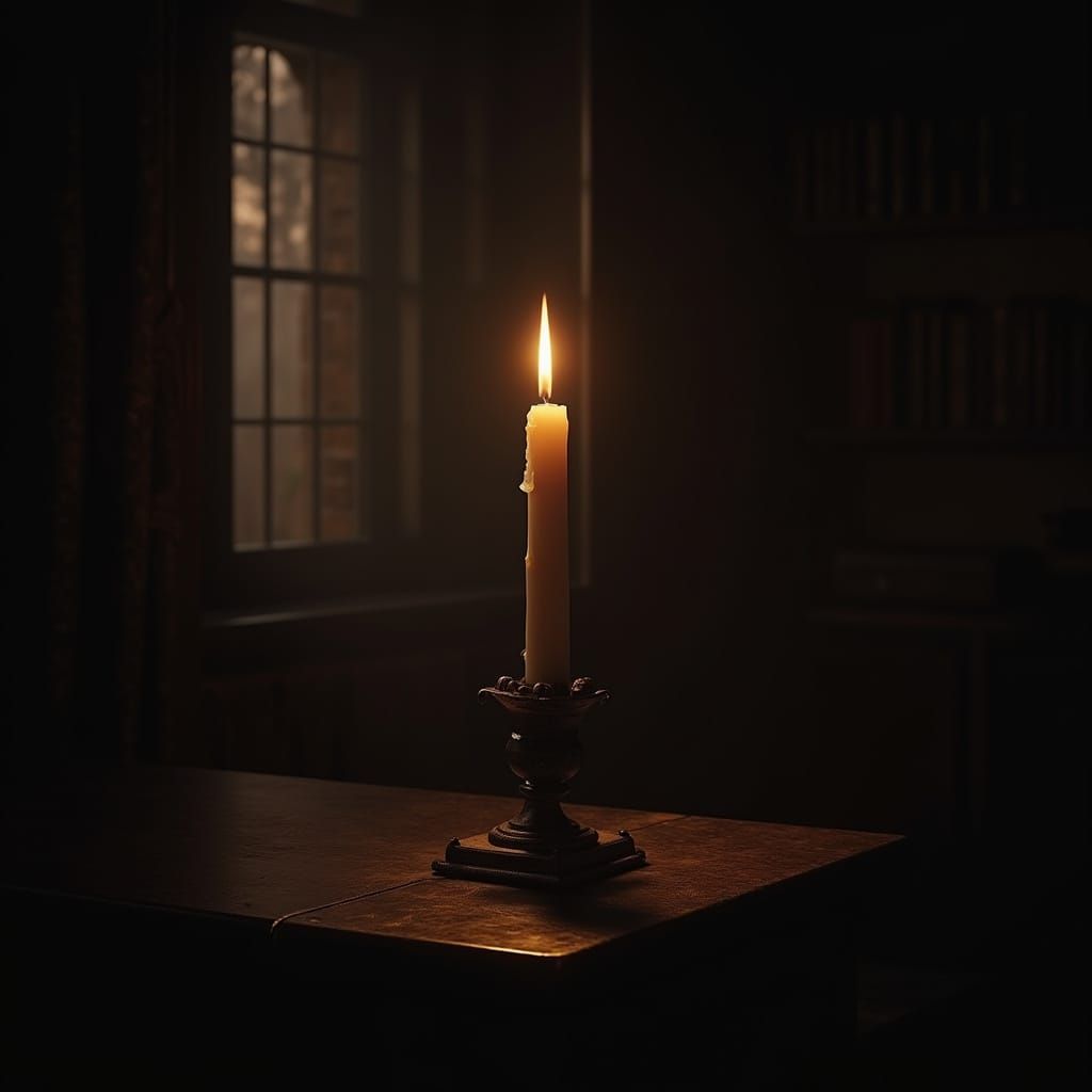 Gothic Candle in Modern Office, Dramatic Light