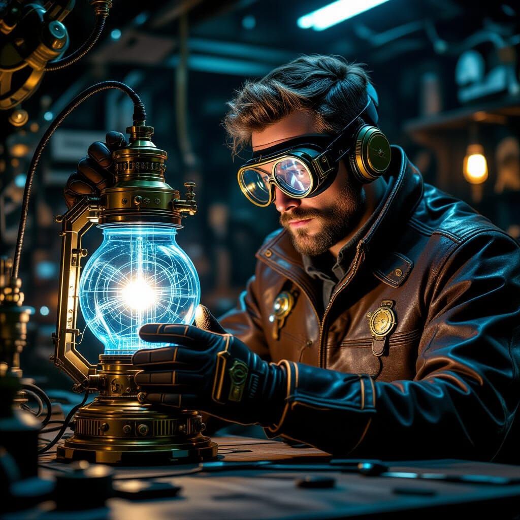 Steampunk Inventor and Glowing Lantern