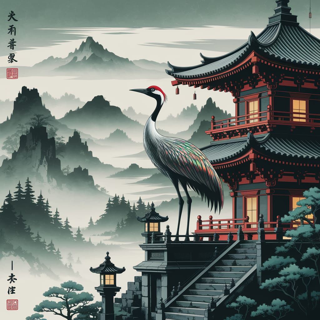 Majestic Red-Crowned Crane Amidst Tranquil Japanese Landscap...