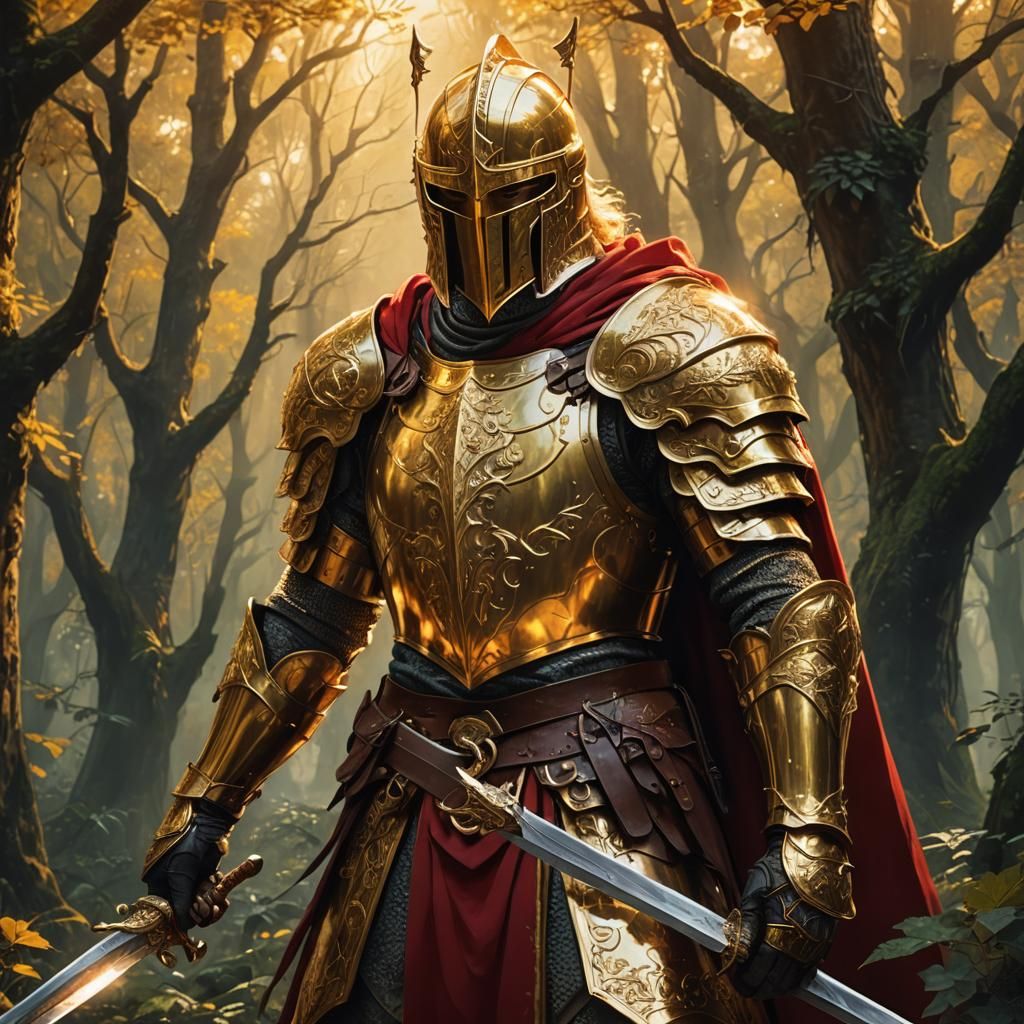 Golden Knight in Mystical Forest: Digital Fantasy Art