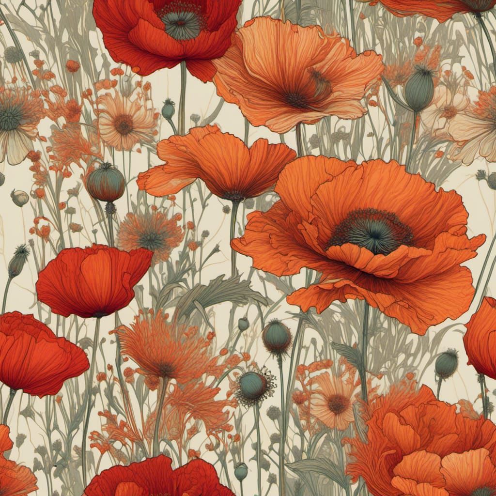 Art Deco Poppies in a Field, Alphonse Mucha Style